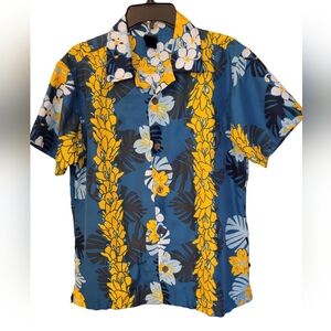 Maui And Sons Blue And Yellow Floral Hawaiian Short Sleeve Shirt Size XL